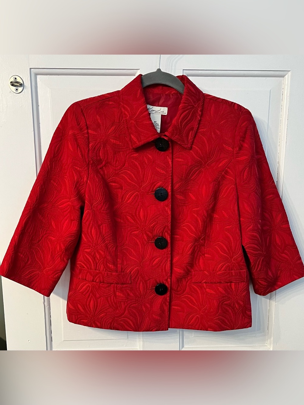 Kim Rogers Petites 6P Red Jacquard Crop Jacket